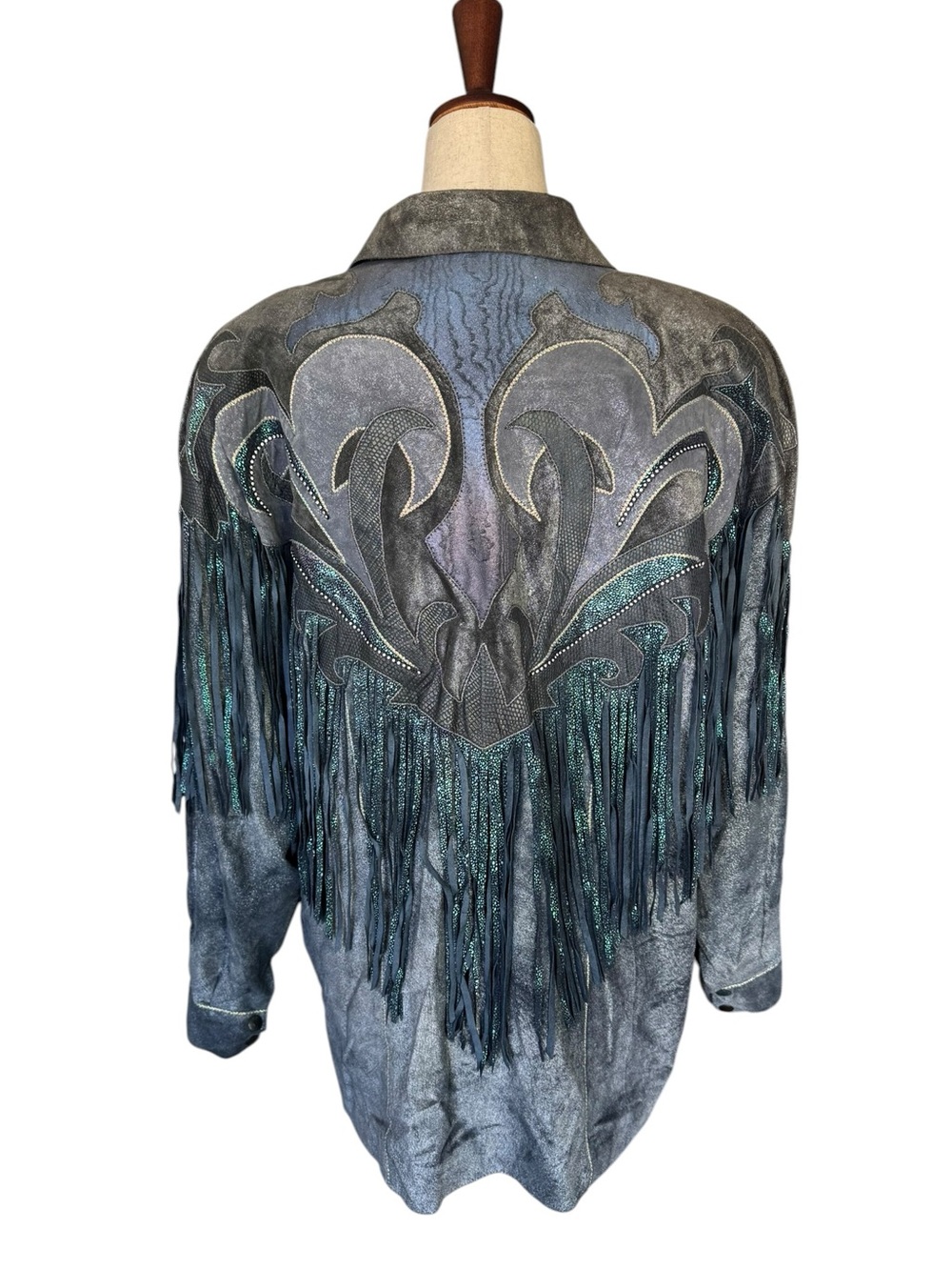Vintage 80s Roberto Cavalli Fringed Metallic Blue Gray Suede Western Jacket XS - Picture 5 of 16